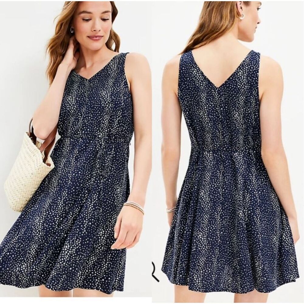 LOFT Star Godet V Neck Belted Dress Blue White Size Large NWT